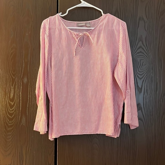 Chico’s linen& cotton 3/4 sleeved pink & white striped blouse. Size Chico 2 - Picture 1 of 7